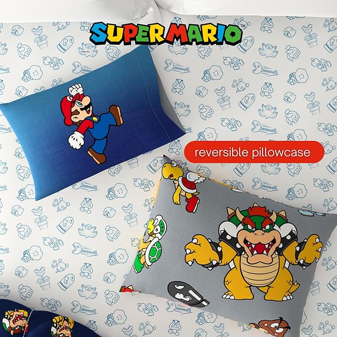 Nintendo Super Mario Bowser Bedding Set, Twin Size 5 Piece Set Kids Super Soft Cozy Reversible Comforter and Sheet Set with Sham, (100% Officially Licensed Product) by Franco