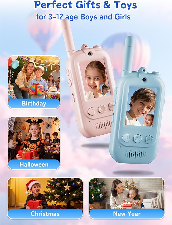 Upgraded Kids Video Walkie Talkies with Real-Time Two-Way Video, No WiFi or App Required, Long Range Outdoor Up to 1600FT, Rechargeable Video Intercom Toy for Boys & Girls Ages 3–12 (Blue & Pink)
