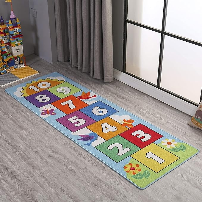 Hop and Count Hopscotch Rug, Kids Floor Play Area Rug Game Carpet Crawl Jump Mat, Children Numbers Learning Non-Slip Rug, Great for Ages 3 to 7 Boys Girls, Home Decor, 26''x78''