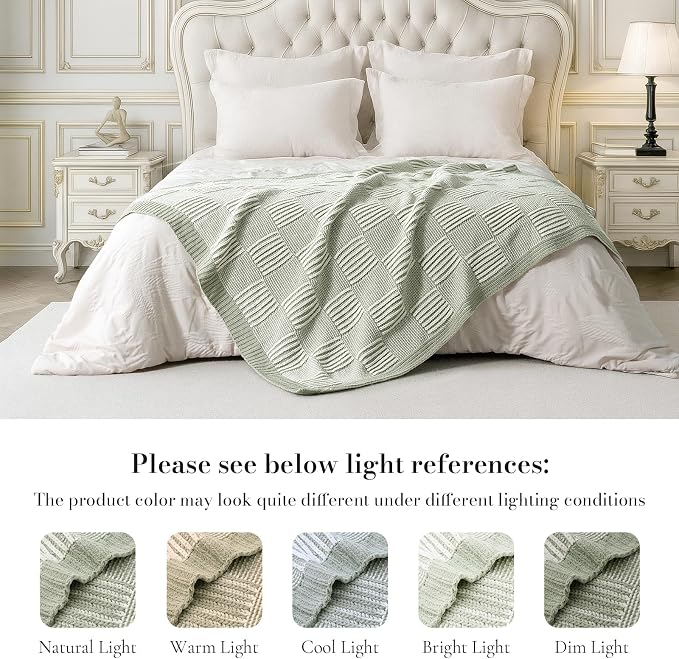 Knit Throw Blanket, Soft Chenille Cozy Breathable Dual Tone Checkered Chunky Decorative Blanket for Couch, Bed & Sofa, French-Inspired Lightweight Warm Gift for Women, Sage Green, 50"x60"