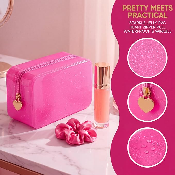 RSRSLEII Stardust Twinkle Jelly Travel Makeup & Toiletry Bag, Waterproof PVC Cosmetic Bag/Case for Women，Zipper SPF Beach Bag for Sunscreen Skincare and Daily Essentials (02Hot Pink)