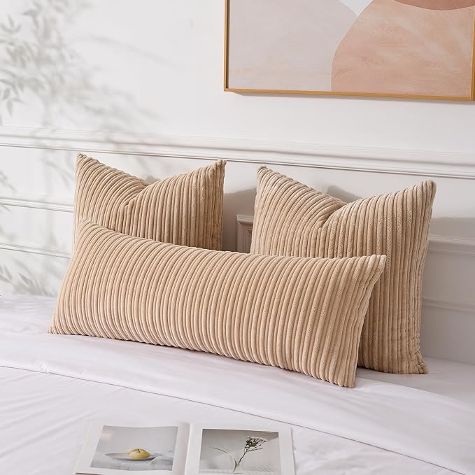 UGASA 14x36 Inch Pillow Cover Pack of 1 Soft Boho Stripe Corduroy Large Long Rectangular Lumbar Cushion Cover Farmhouse Decorative Throw Pillowcase for Bed, Couch, Sofa, Bedroom, Living Room, Beige