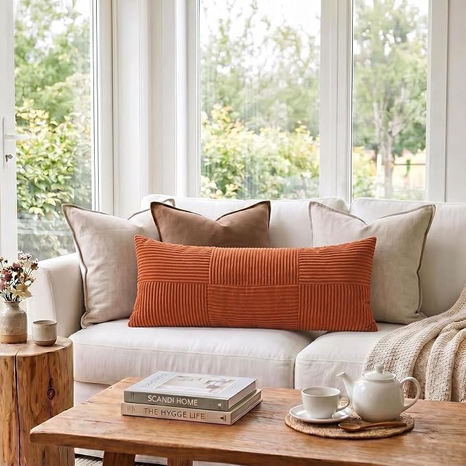 Fancy Homi Set of 2 Burnt Orange Boho Long Lumbar Body Decorative Throw Pillow Cover 14x36 Inch for Bed Couch Bedroom Bench, Soft Patchwork Corduroy Textured Pillow Case, Rustic Farmhouse Room Décor