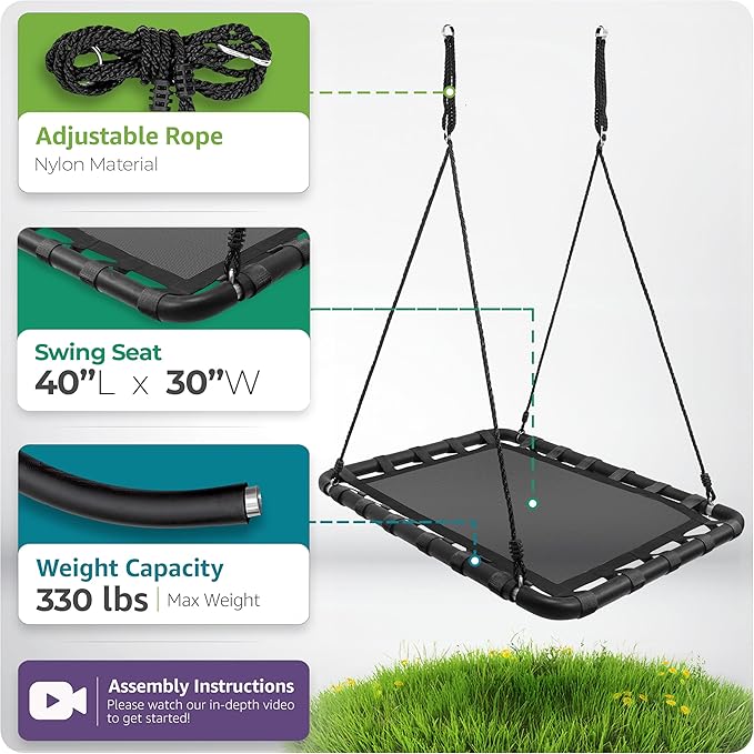 Sorbus Outdoor Platform Swing for Kids - Rectangular Mat Chair for Tree, Swing Set, Playground - Accessories Included (40 x 30, Rectangle Black)
