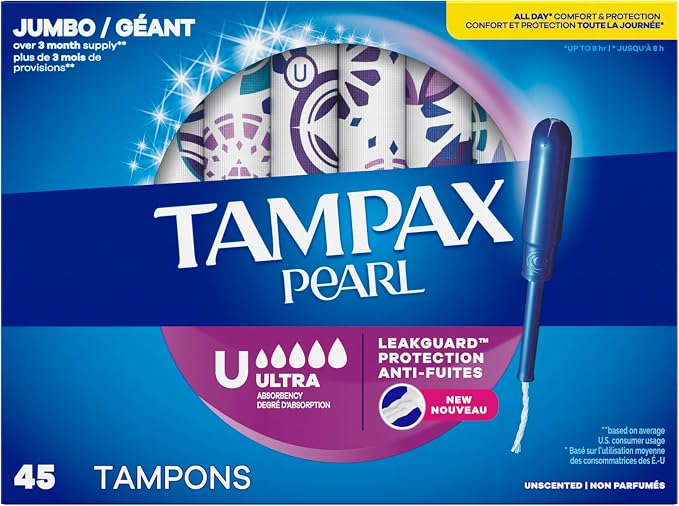 Tampax Pearl Tampons for Women, with LeakGuard Braid, Ultra Absorbency, Unscented, 45 Count (Pack of 6)