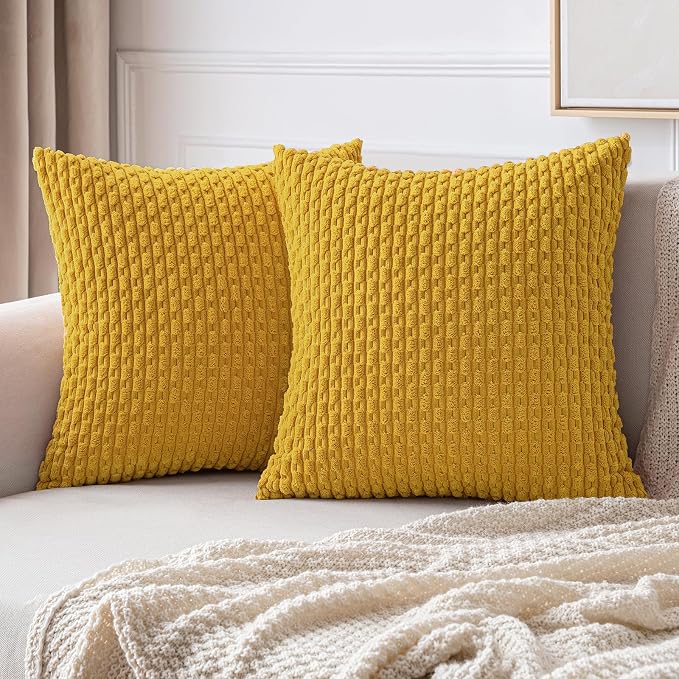 MIULEE Decorative Throw Pillow Covers 18x18 Yellow Textured Corduroy | Pack of 2 Striped Pillow Covers Modern Farmhouse Home Decor for Couch Bed Sofa Living Room