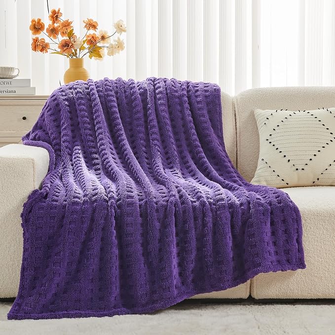 NEWCOSPLAY 3D Waffle Checkered Flannel Queen Blanket, Dark Purple, 90"x90" | Super Soft Cute Lightweight Decorative Premium Silky Fleece Blanket for Couch Sofa Bed, Gift for Women Men, All Season Use