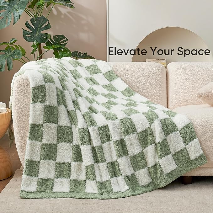 Snuggle Sac Sage Green Checkered Throw Blanket Faux Fur Knitted with Microfiber Yarn, Cozy Soft Warm Spring Blankets for Couch,Sofa,Bedroom,Sage Green Checker,50x60 inches