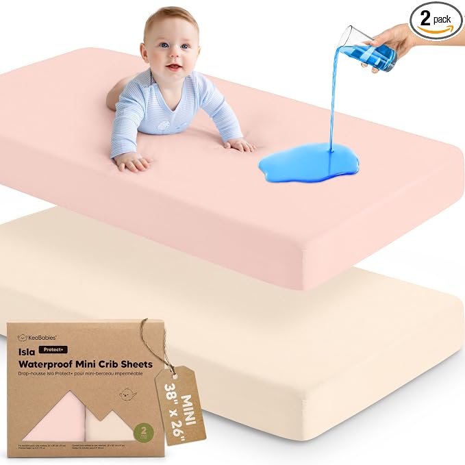 2-Pack Waterproof Pack and Play Sheets, Mini Crib Sheets Fitted for Boy, Girl - 38 x 26 Viscose from Bamboo Pack N Play Mattress Sheets for Graco, Toddler Playard Baby Crib Sheets Neutral (Cameo)