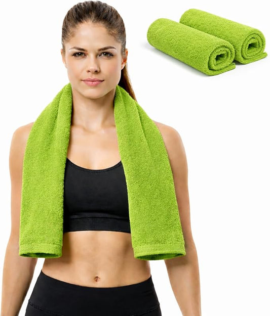 Sports Towel - Double Pack (2 Pieces), 12"x51", Lime Green, 100% Cotton - Oeko-Tex Certified, Very Absorbent and Quick-Drying, for Fitness, Gym and Yoga