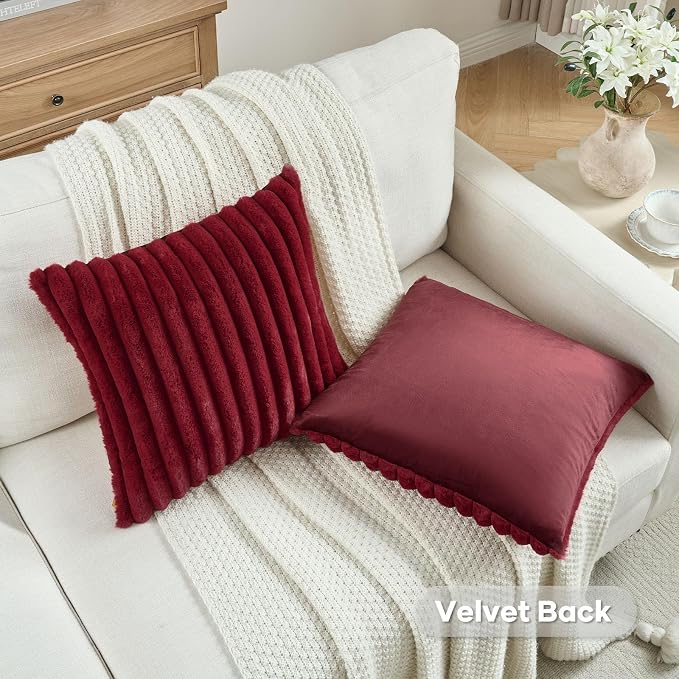 FUTEI Pack of 2 Faux Fur Throw Pillow Covers 24x24 Inch, Burgundy | Fluffy Faux Rabbit Fur Front/Premium Velvet Back,Hidden Zipper,Machine Washable,Non-Shedding,Colorfast,Insert Not Included.