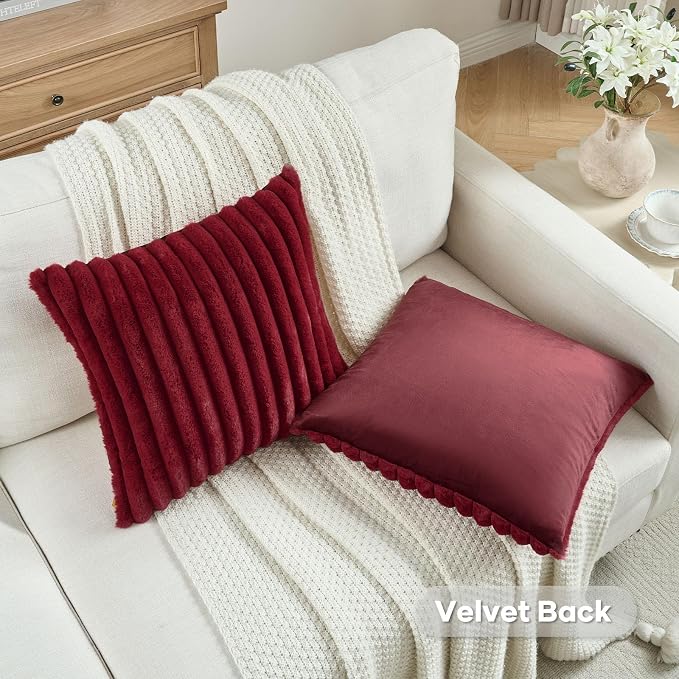 FUTEI Pack of 2 Faux Fur Throw Pillow Covers 16x16 Inch, Burgundy | Fluffy Faux Rabbit Fur Front/Premium Velvet Back,Hidden Zipper,Machine Washable,Non-Shedding,Colorfast,Insert Not Included.