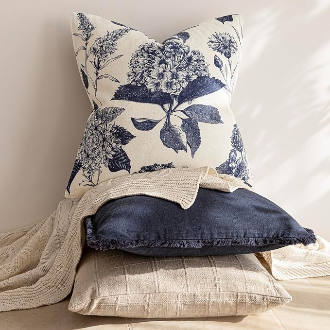 Foindtower Set of 2 Linen Floral Vintage Throw Pillow Covers Neutral Accent Print Decorative Cozy Cushion Covers Farmhouse Boho Home Decor for Sofa Chair Couch Bed Living Room,18×18 Inch,Navy Blue