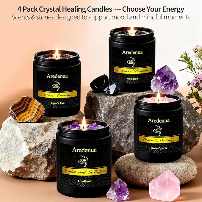 Scented Candle with Crystal for Emotional Protection and Grounding - Cedarwood Aromatherapy Candle with Obsidian Healing Crystals, Natural Soy Wax 7oz, Strength Gift for Women Men