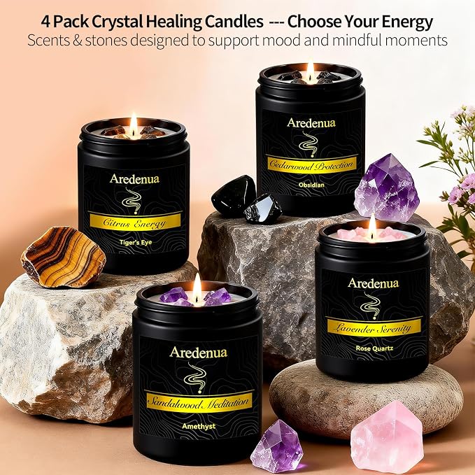 Crystal Candle with Tiger Eye Healing Crystals, Citrus Aromatherapy Candle for Confidence, Natural Soy Wax Scented Candle with Real Gemstone, 7oz Long Burning, Motivational Chakra Gift