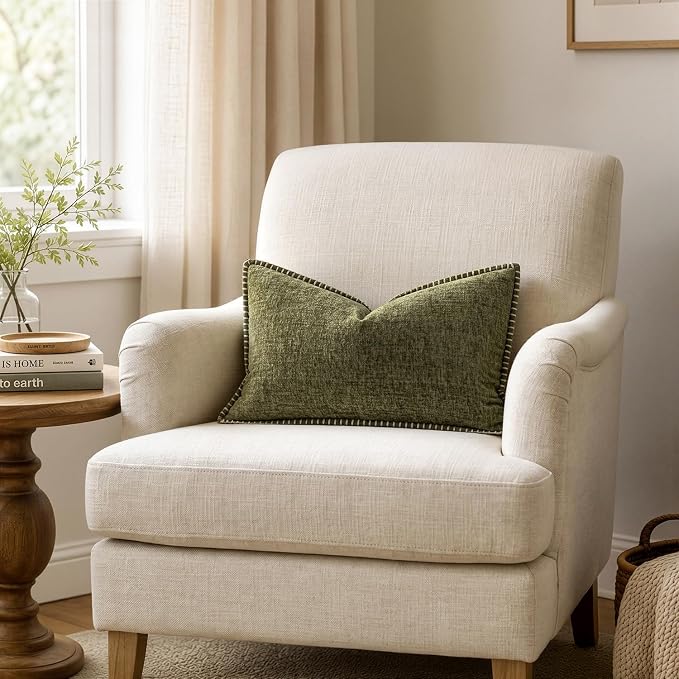 MIULEE Decorative Lumbar Throw Pillow Covers 12x20 Inch Olive Green 2 Pack | Farmhouse Pillow Covers with Stitched Edge, Soft Chenille Cushion Cases, for Couch Sofa Bed Living Room Home Decor