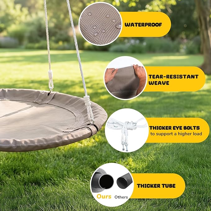 Trekassy 700lb 40 Inch Saucer Tree Swing for Kids Adults Outdoor 900D Oxford Waterproof with 2pcs Tree Hanging Straps, Steel Frame and Adjustable Ropes, Taupe