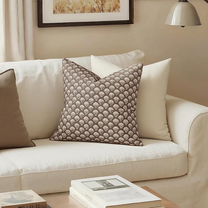 MIULEE Fall Floral Print Decorative Pillow Covers 20x20, Chocolate Brown | Vintage Boho Farmhouse Modern Home Decor, Set of 2, Block Print Cushion Covers for Couch Sofa Bed Living Room
