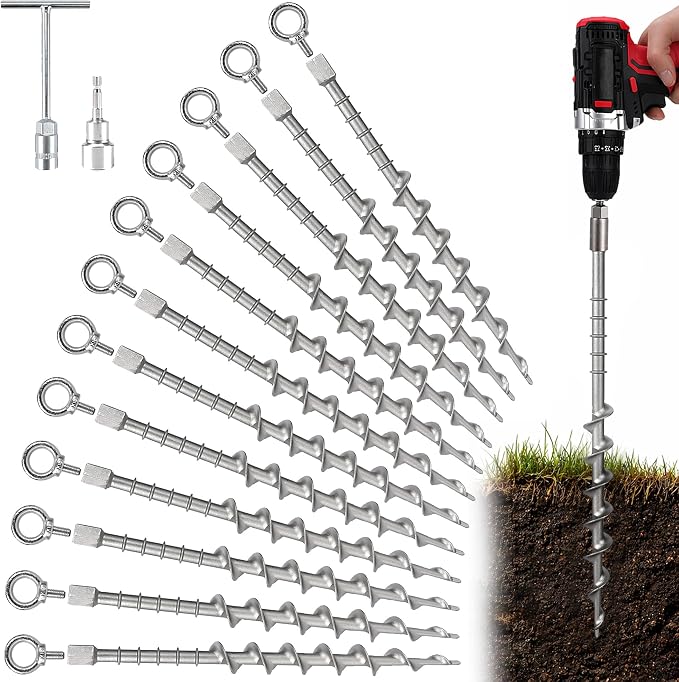 12 Pcs 12" Rustproof Aluminum Screw in Tent Stakes, Heavy Duty Ground Anchors with 8mm Adapter & Hooks, Durable Metal Stakes for Outdoor Camping, Tarp, Swing Sets, Lightweight & Strong Grip