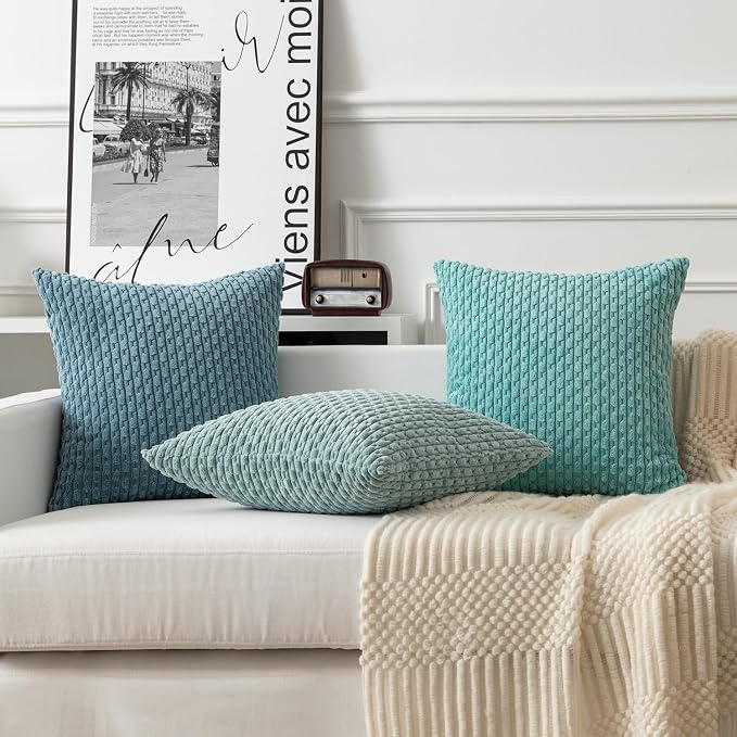 Kevin Textile Soft Corduroy 12"x24" Lumbar Pillow Cover 1 Pack, Aqua Green | Boho Stripe Plush Corduroy Decorative Oblong Cushion Cover Modern Farmhouse Home Decor for Sofa Couch Bed Chair