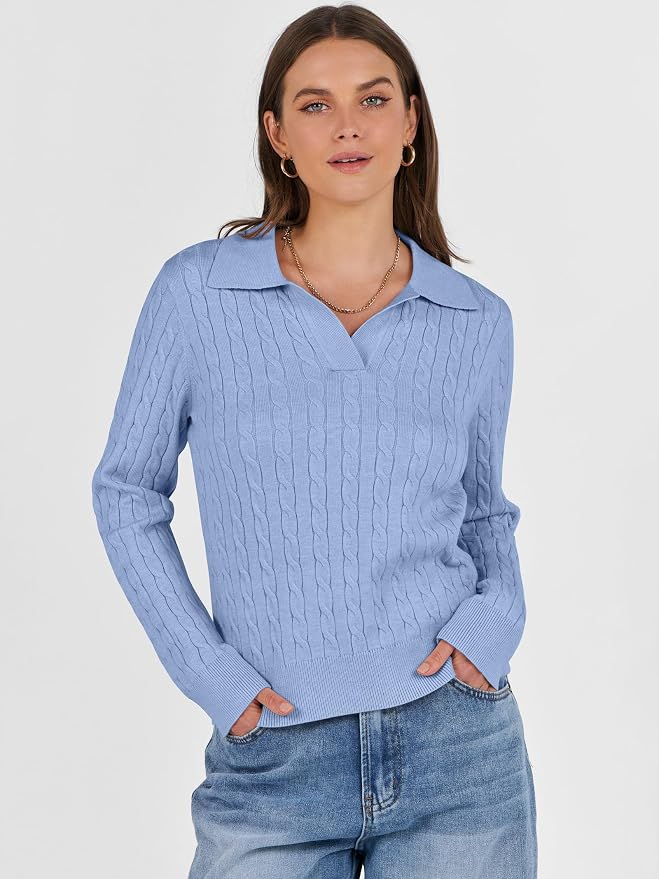 ANRABESS Womens Cable Knit Sweaters Long Sleeve V Neck | Pullover Collared Sweater Tops, Polo Knit Shirts, Business Casual Work, Tennis Golf, Fall Winter Fashion Outfits