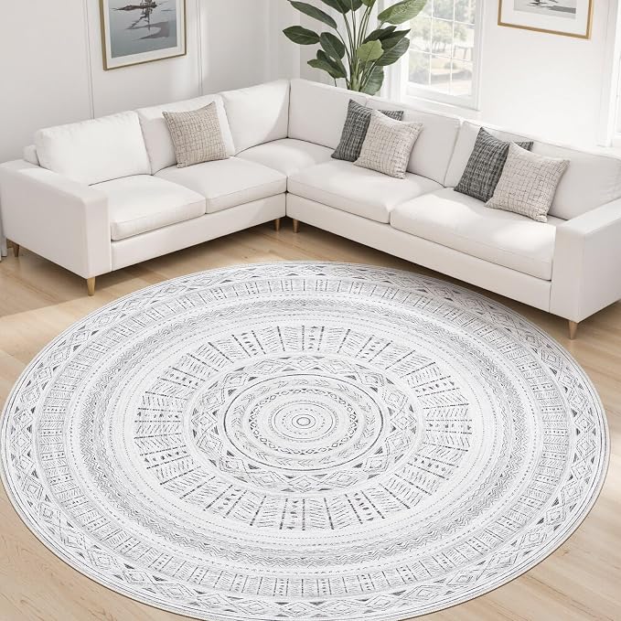 cotiled 8x8 Round Area Rugs Living Room Rug: Washable Boho Rugs with Non Slip Backing Large Soft Indoor Stain Resistant Carpet for Bedroom Farmhouse Dining Room Lightweight Home Decor Dark Grey