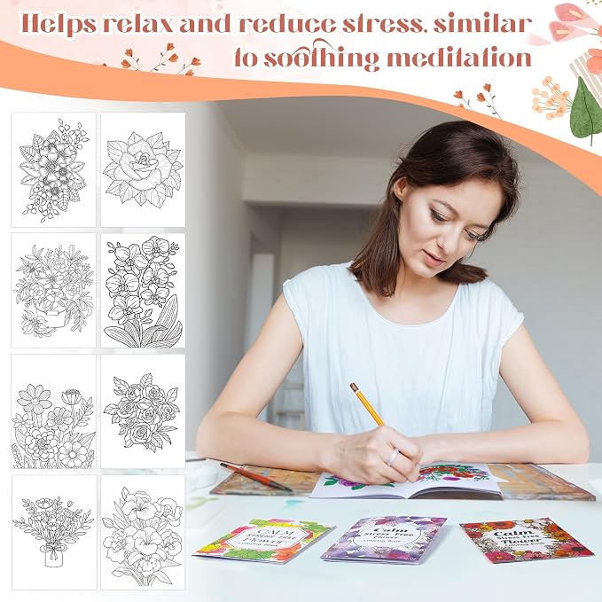 Liliful 72 Pcs Flower Coloring Book Bulk for Adult Calm Supplies DIY Art Stress Relief Drawing Book with Colorful Flower Patterns Favors Goodie Bag Filler and Holiday Gifts