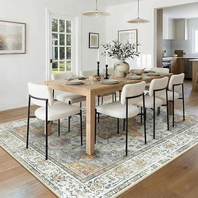 RELEANY Area Rugs 8'x10' Washable Non-Slip, Floral Vintage Distress Medallion Carpet for Living Room Bedroom Dining Room, Beige Carbon Grey Orange