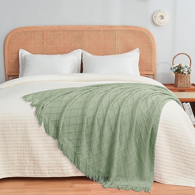 inhand Basil Green Knitted Throw Blanket for Couch and Bed, 50"x60" | Throws for Her or Him, Soft Farmhouse Woven Blanket, Tassel, Lightweight Decorative, Cozy Knit, Warm Living Room Home Decor