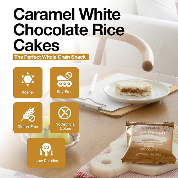 Deluxe & Bla Bla 12 Pack Stuffed Rice Cake Whole Grain, Natural & Healthy Snack Gluten Free, Kosher Certificate & Low Calorie 28 Gr (Caramel White Chocolate)