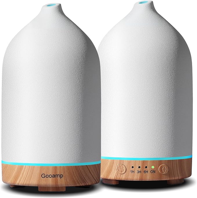 Gooamp 200ML Ceramic Essential Oil Diffuser (Set of 2) - Ultrasonic Aromatherapy & Humidifier with 7-Color LED Lights, Auto Shut-Off, Wood Grain Base, 1H/3H/6H Timer | Scent for Home, Office, Yoga