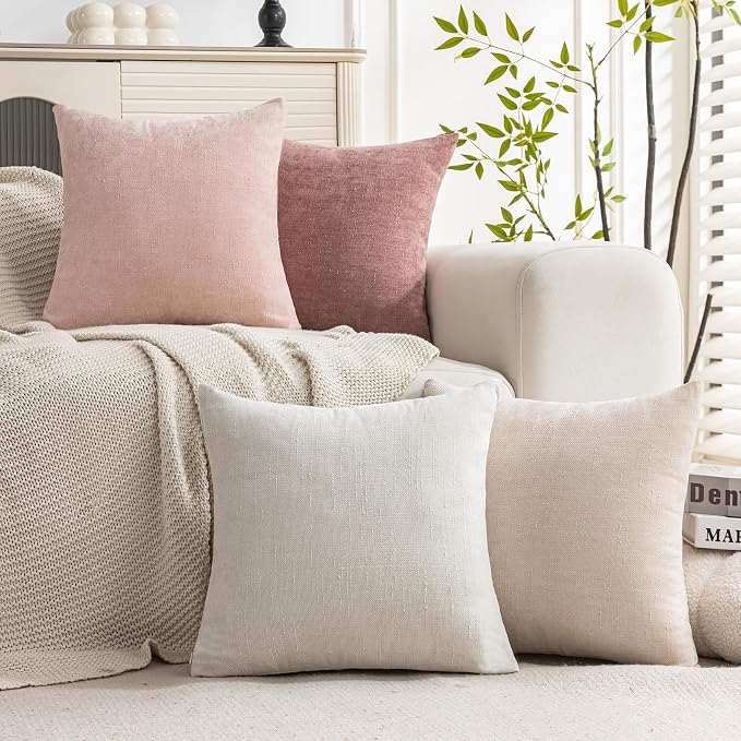 Set of 4 Soft Textured Decorative Throw Pillow Covers 18x18 Inch Cozy Farmhouse Cushion Cover Square Accent Pillow Cases for Bed Couch Sofa Living Room, White Beige Pink