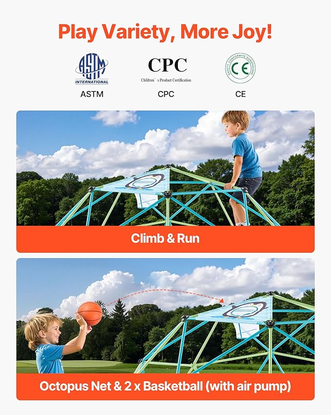 VEVOR Climbing Dome, 10FT Geometric Dome Climber for Kids, 1000LBS Loading Jungle Gym Playground with Octopus Net & 2 Basketballs, Easy-Assembly Outdoor Backyard Climbing Toys - Gift for Boys Girls