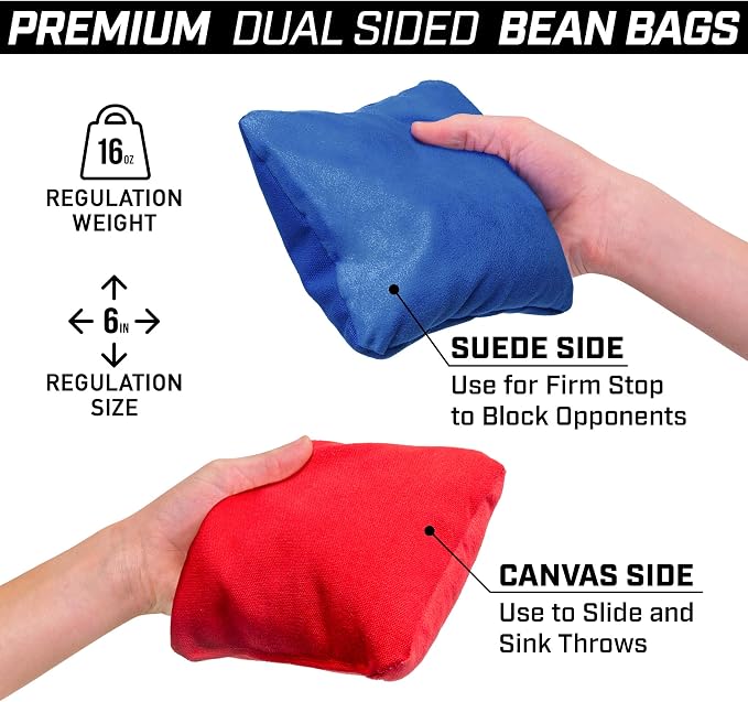 GoSports Dual Sided Cornhole Bean Bags - Slide and Stop Regulation Tournament Bean Bags, Set of 8
