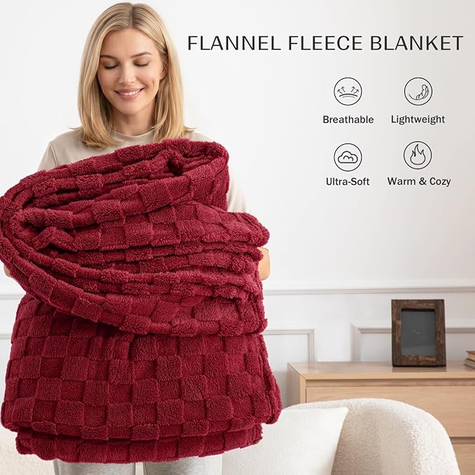 Exclusivo Mezcla 3D Checkered Fleece Throw Blanket for Couch, Burgundy | Super Soft and Cozy Fluffy Throw, Lightweight and Breathable, Cute Fuzzy Blanket for Sofa, Home Decor, All Season, 50"x60"