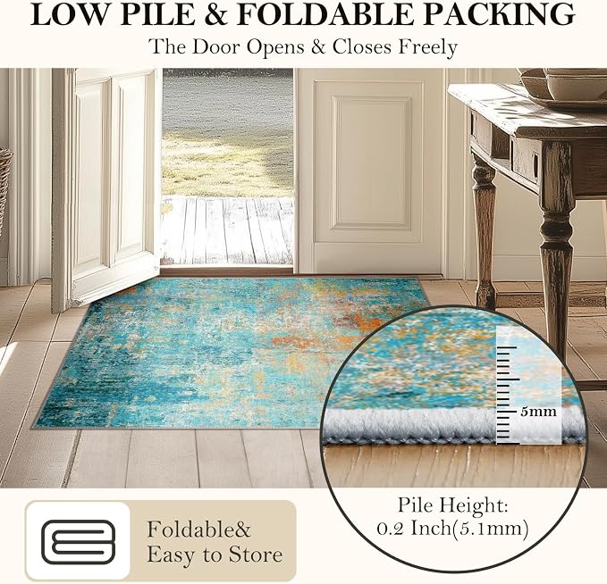RELEANY Washable Square 8'x8' Area Rug for Living Room Teal Multi | carpet for bedroom, kitchen, office, hallway and entryway, printed pattern, non-slip, soft, stain-resistant, easy to clean