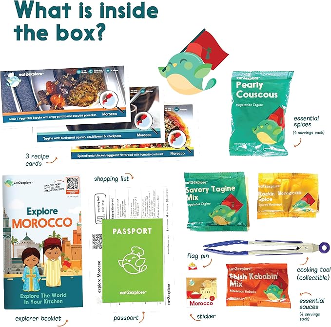 Cooking Kits for Kids - Interactive & Educational Set with 3 Recipe Cards, Key Ingredients & Cooking Tools - Ideal Idea for Kids who Love to Create Meals (Morocco Edition)
