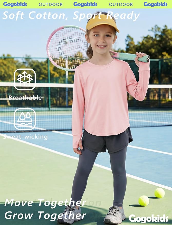Gogokids Girls Shirts Long Sleeve Athletic Shirts Open Back Tops Active Sports Tshirts Yoga Workout Crop Tees 5-14 Years