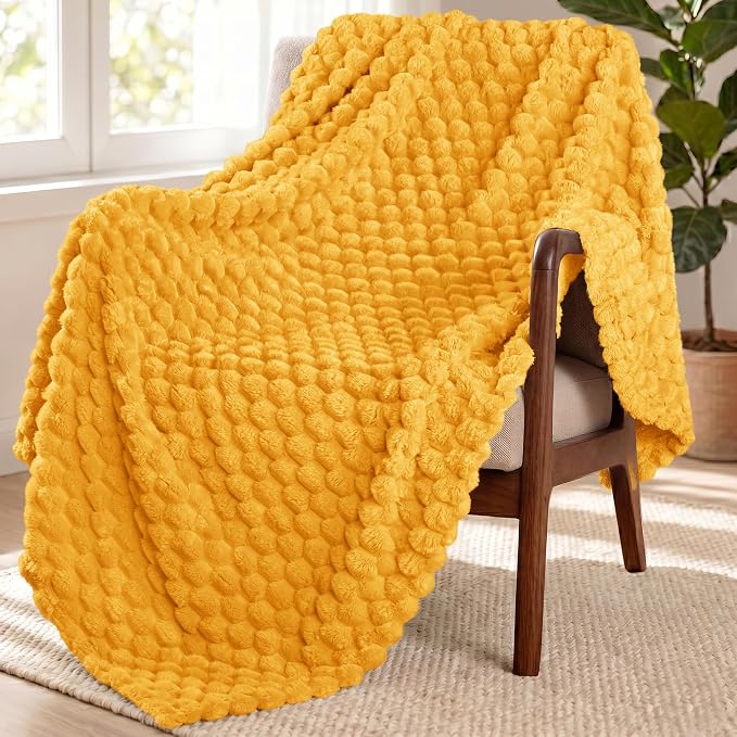 Exclusivo Mezcla Large 3D Fleece Throw Blanket for Couch, Mustard Yellow | Extra Soft Fuzzy Plush Lightweight Throws, Cozy Fluffy Decorative Blankets for All Seasons, 50x70 Inches