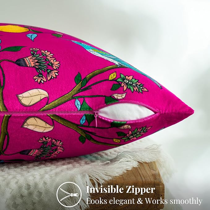 MUSSEL Hot Pink Velvet Floral Decorative 20x20 Pillow Covers Set of 2 | Durable Sturdy,Botanical Printed Pattern,Throw Pillows Case,Square,Colorful Mid Century Cushion Covers,Sofa Couch Decor