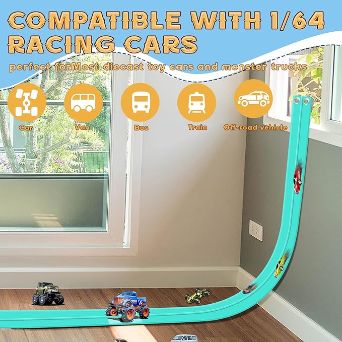 Flex Track 15 Ft Starter Set, Flexible Race Car Ramp Track for Ages 3 & Up with Suction Cups Compatible with Hot Wheels and Diecast 1/64th Cars