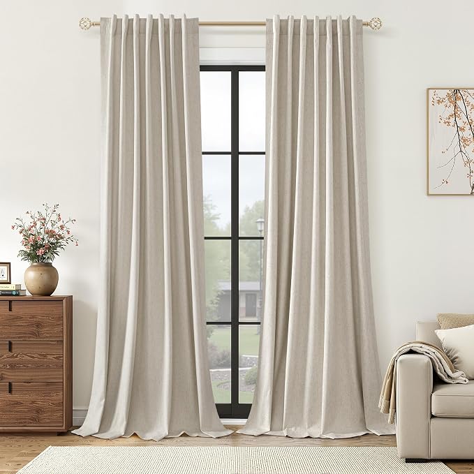 Guken Extra Long 100% Blackout Linen Curtains for Bedroom 102 inches Long, Thermal Insulated Room Darkening Black Out Drapes for Living Room, Back Tab Rod Pocket 2 Panels Set,Grey Beige,52x102