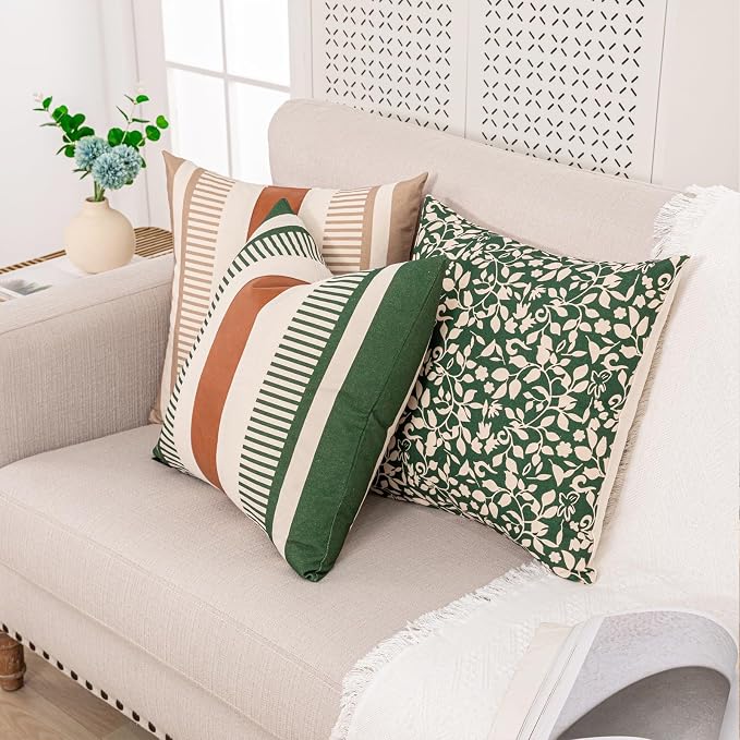 2 Pack 20x20 Pillow Covers - Brown Faux Leather & Olive Green Striped Soft Cotton, Same Pattern Both Sides | for Couch Sofa Bed, Farmhouse Industrial Decor