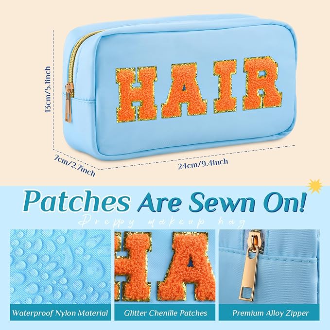 Preppy Makeup Bags Chenille Letter Stuff Bag Nylon Cosmetic Pouch Cases with Zipper for Women Travel Toiletry(Light Color,Vivid,4 Pcs)