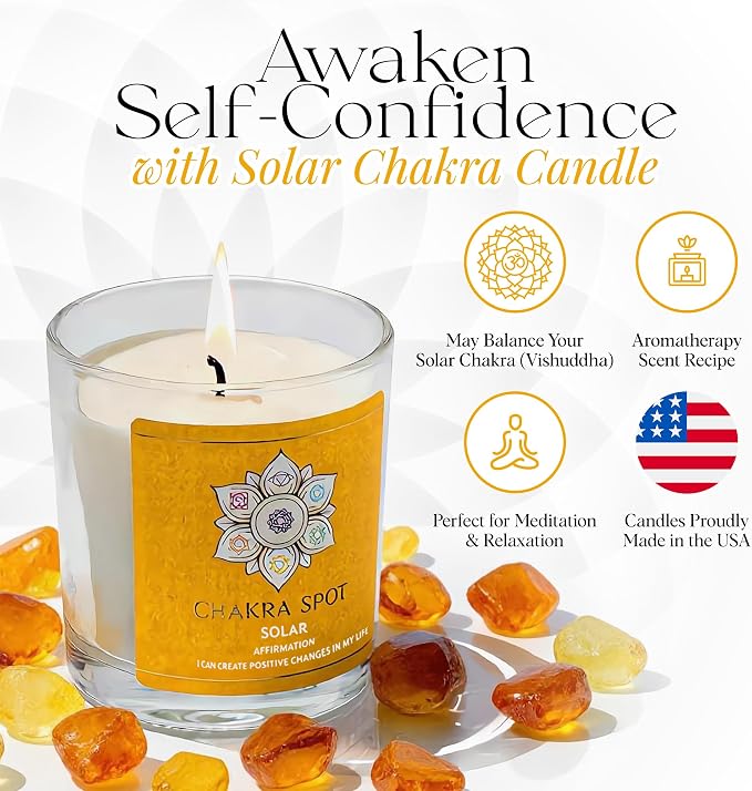 Solar Chakra Candle - Manipura Energy for Confidence & Personal Power, Uplifting Aromatherapy with Lemongrass, Grapefruit, Cinnamon, Cypress Essential Oils, Beeswax & Coconut Wax - 8oz