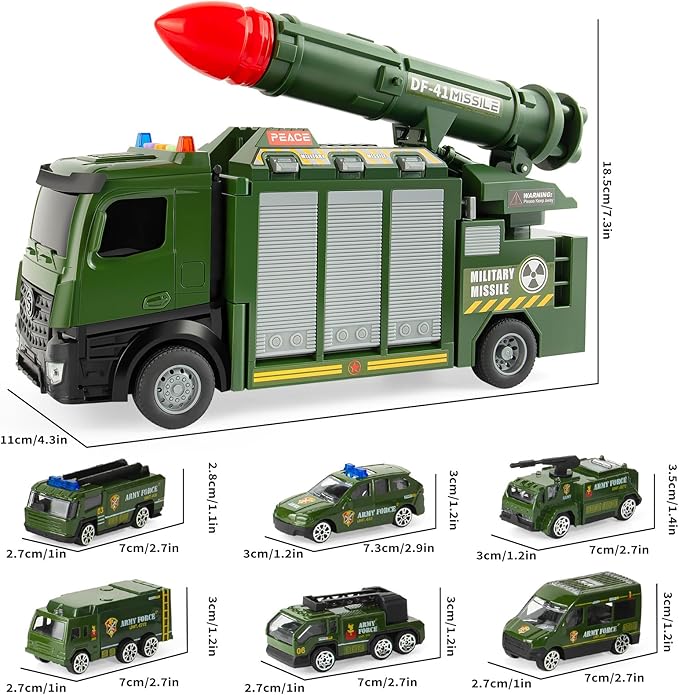 7 in 1 Military Truck Toys, with Rocket Launcher, 6 Mini Battle Vehicle Toy, Army Carrier Truck with Lights and Sounds, Green Toys Trucks Gifts for Toddler Kids Boys Girls Ages 4 5 6 7 8