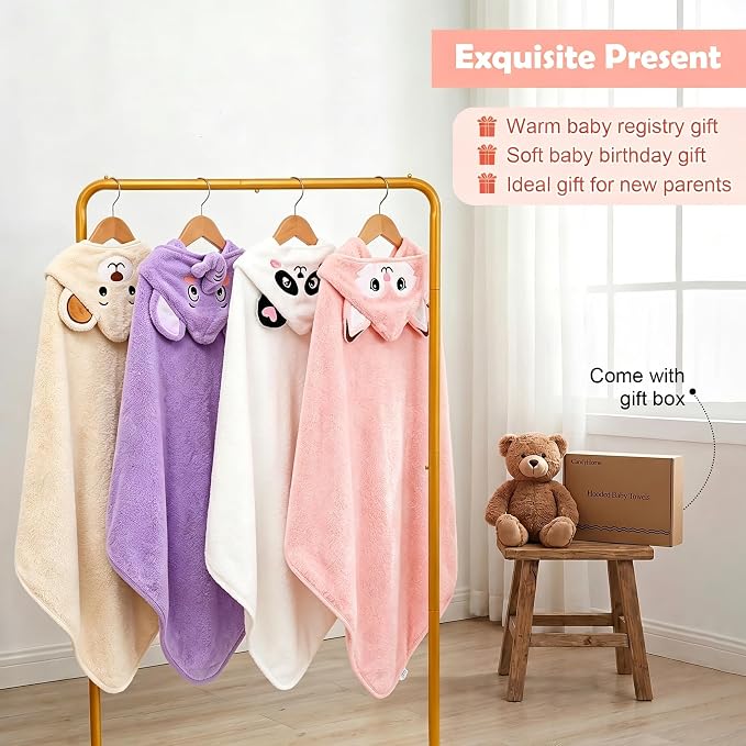 12 PCS Baby Bath Towels Set for Infants Toddlers, 4 PCS Animal Hooded Baby Towels & 8 PCS Washcloths Set, Ultra Absorbent Newborn Bath Essentials Gifts for Boys & Girls