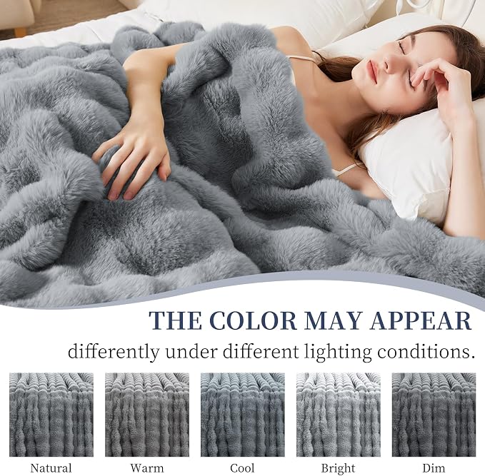 Faux Rabbit Fur Throw Blanket for Couch, Gray Throw Blankets 50"x60" | Cozy Reversible Fluffy Throw, Luxury Plush Thick Bubble Blanket, Mothers Gifts for Women, Soft Warm for Bed, Home Decor