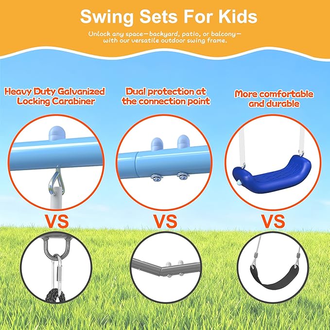 Heavy Duty Swing Set for Kids Ages 3-8 - 600 lbs Capacity Outdoor Metal A-Frame Playset, 3-in-1 Backyard Playground Equipment with 2 Blow Molded Belt Swings and 32" Saucer Swing