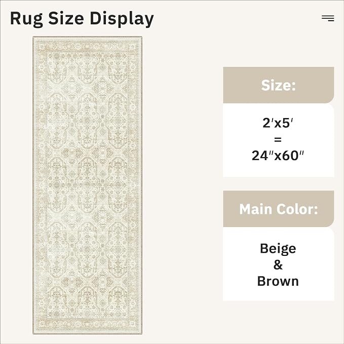 Soalmost Runner Rug 2x5 Washable Non-Slip Kitchen Entry Runners Beige/Brown | Soft Low-Pile Rugs for Bathroom Laundry Room, Vintage Foldable Floor Carpet Mat Hallway Entryway for Corridor Bedroom